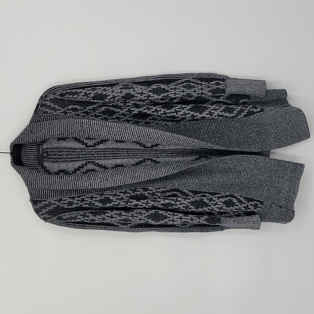 Kaisley Open Front Knit Cardigan Sweater Longline Geometric Print  Ribbed Hem